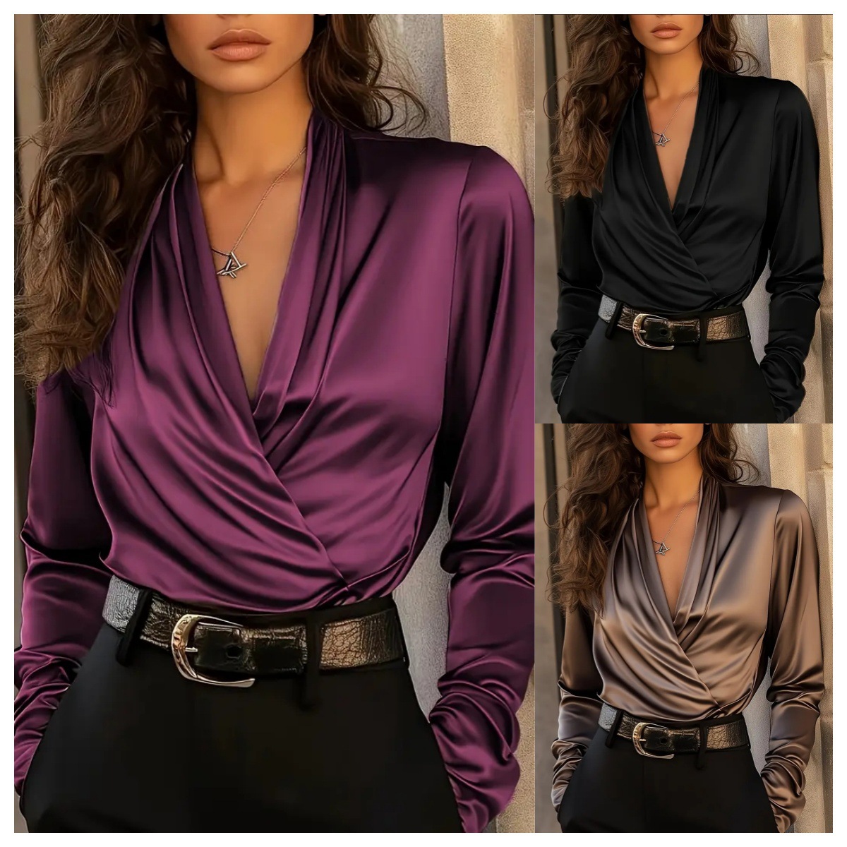 Women'S Formal Evening Wear Tops - レディース サテン ラップ Vネック 長袖ブラウス シックで成熟したスタイル