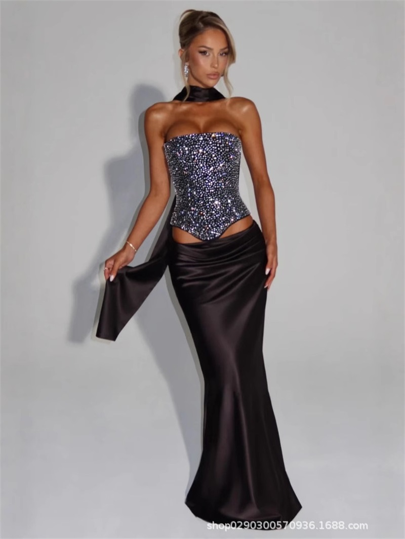 Women'S Formal Evening Wear Tops - セクシーなマーメイド女性ウエディングドレス 2 個ノースリーブトップブラジャー + ロングスカート光沢のあるクリスタルパーティーローブフォーマルグリッターイブニングドレス