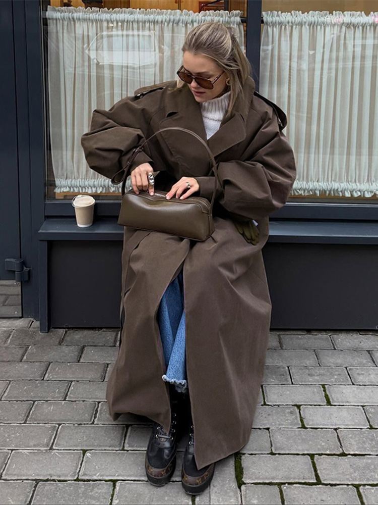 Trench Coat Formal - ゆったりとした無地のウィンドブレーカー、女性用長袖、折り返し襟、カジュアルなレースアップ、女性用ロングコート、2026年秋冬新作レディースアウター