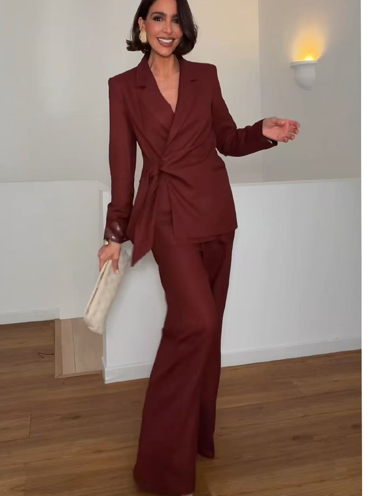 Women Formal Wear With Blazer - ファッションオフィスレディースブレザーパンツスーツエレガントフォーマルスリムレースアップジャケットストレートトラウザーレディ通勤着用2ピースセット