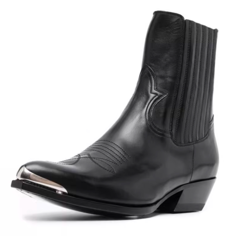 Women Formal Wear Western - メンズブラックレザーウエスタンチェルシーアンクルブーツ、ポインテッドメタルトゥキャップ、ブロックヒール、カウボーイブーツ、カジュアルフォーマルウェア