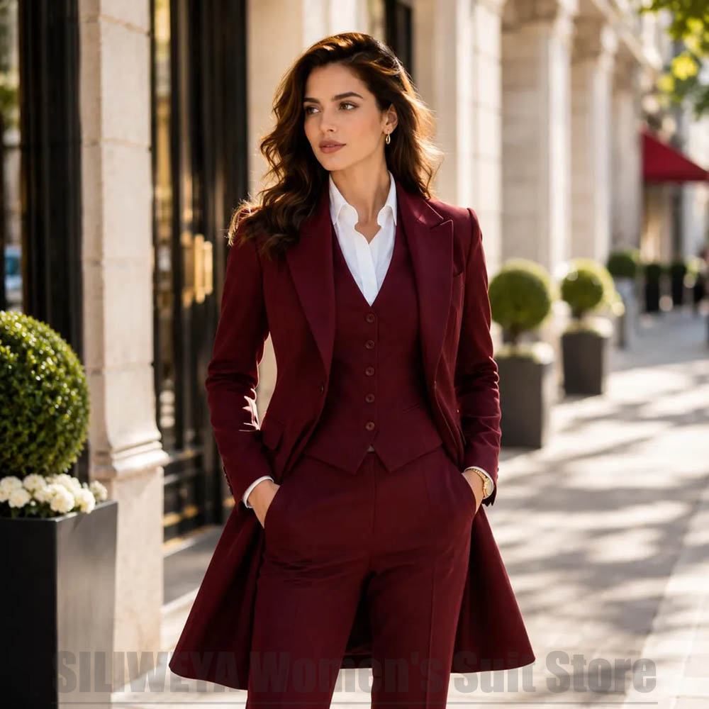 Women Formal Wear With Blazer - ファッショナブルな女性用3ピーススーツ、エレガントなピークドラペル、シングルブレスト、ロングブレザー、ベスト、パンツ、フォーマル、オフィス、カジュアル、パーティー向けの服装