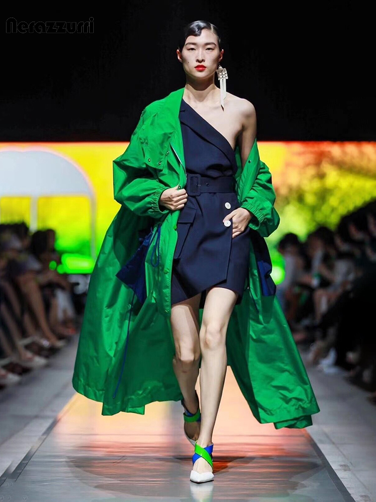 Trench Coat Formal - Lutaro-女性のための非常に長くて特大の緑と青のパッチワークトレンチコート,ジッパー付きの豪華なデザイナーウェア2023