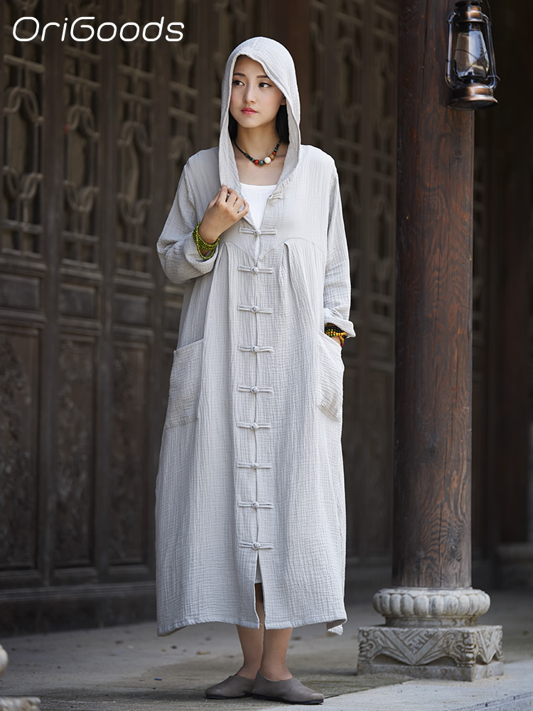 Trench Coat Formal - OriGoods 女性フード付きロングコート綿春夏オーバーコート中国風ルーズローブ赤黒魔女ウィザードトレンチコート B097