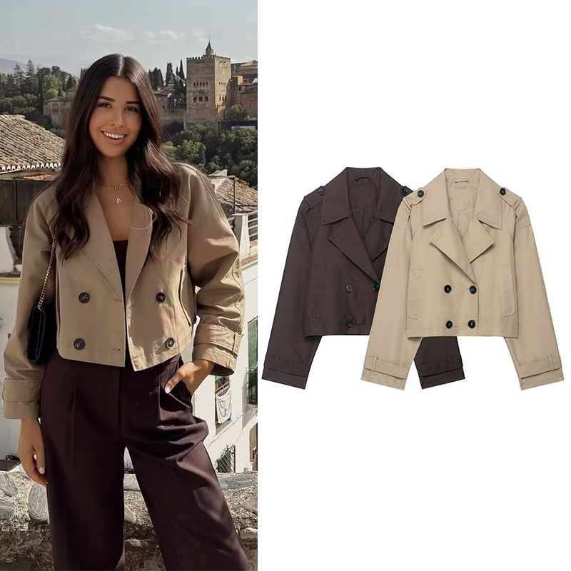 Trench Coat Formal - 女性のファッションダブルブレストショートトレンチコートターンダウンカラー長袖コートヴィンテージ女性アウターシックなトップス