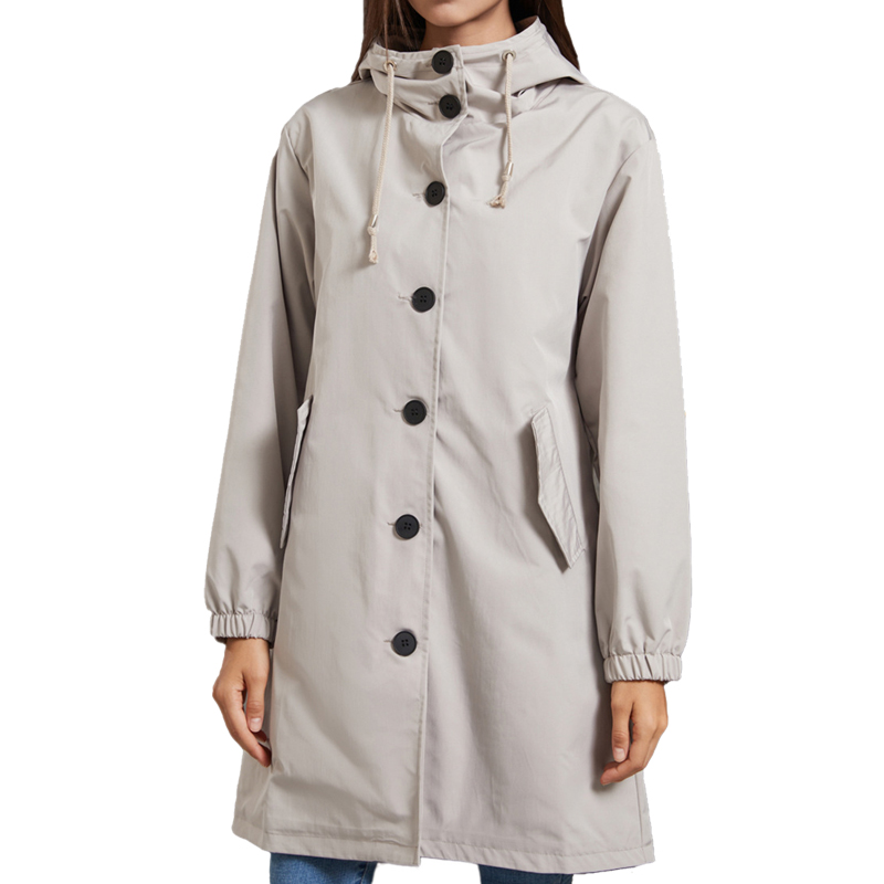 Trench Coat Formal - フード付き女性用ウィンドブレーカー ロングトレンチコート ソリッドカラー ポケット付き カジュアル ロングアウター