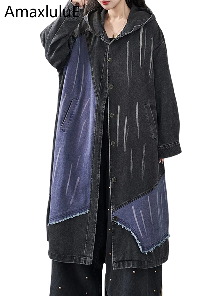 Trench Coat Formal - Amax LuluE 秋レディースカジュアル特大フード付きヴィンテージデニムトレンチレディースパッチワークルーズロングコートファッションパンクウインドブレーカー