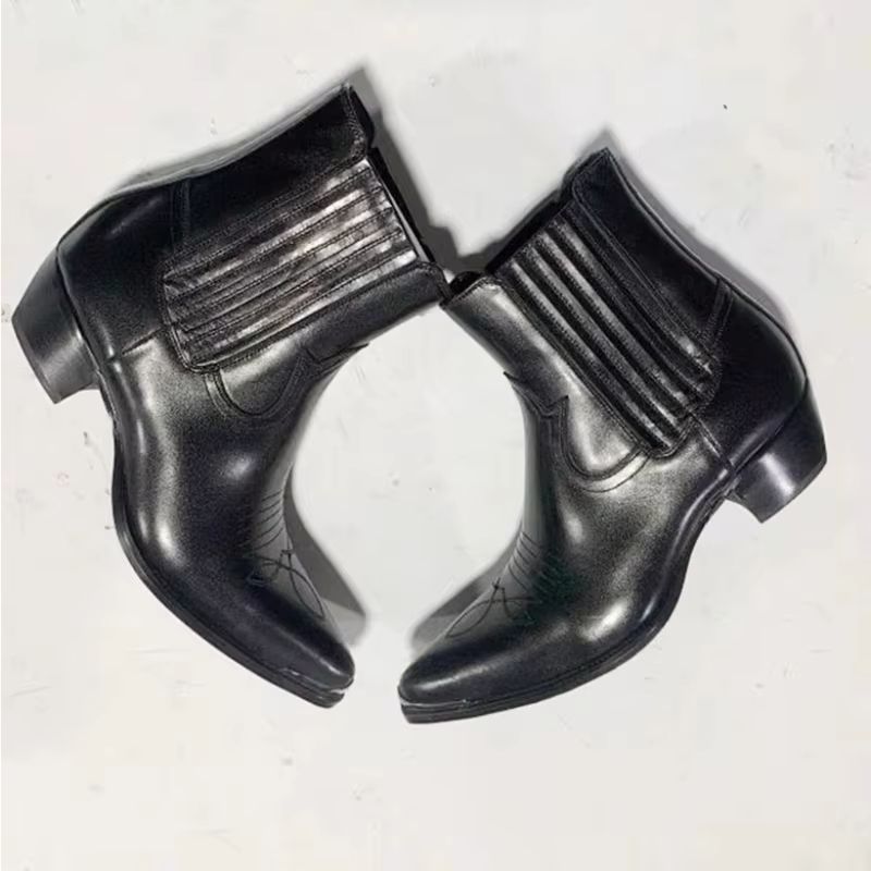 メンズブラックレザーウエスタンチェルシーアンクルブーツ、ポイ - Women Formal Wear Western のレビューと価格