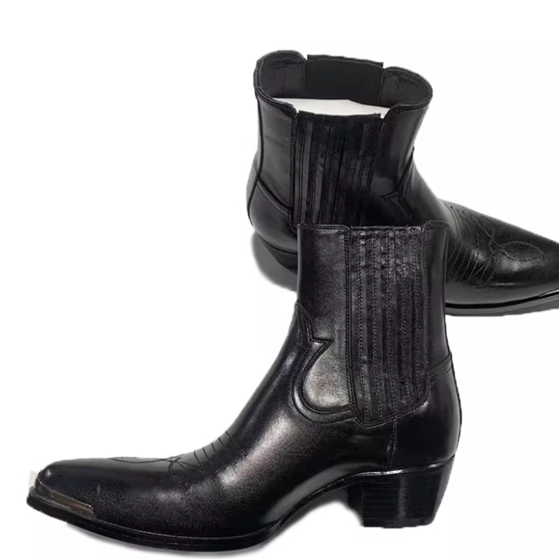 メンズブラックレザーウエスタンチェルシーアンクルブーツ、ポイ - Women Formal Wear Western のレビューと価格
