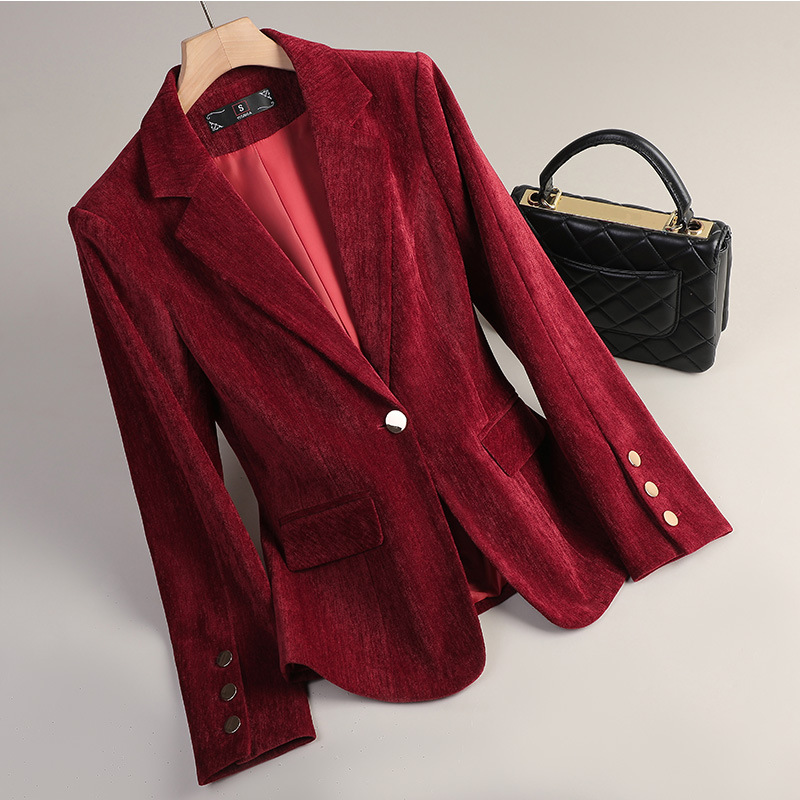 イエローゴールドベルベットブレザー女性秋冬カジュアルスーツフ - Women Formal Wear With Blazer のレビューと価格