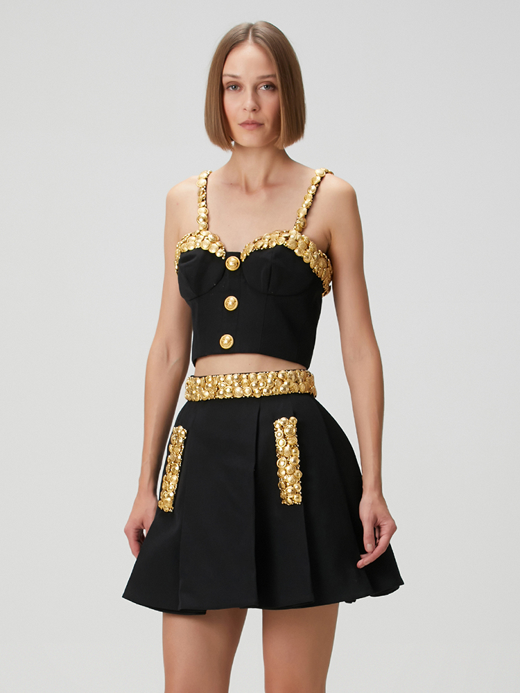 VC ブラック ツーピースセットドレス ゴールドボタン付き  - Women'S Formal Evening Wear Tops のレビューと価格