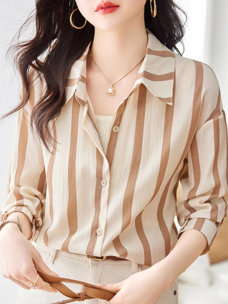 女性のためのアプリコットストライプの長袖シャツ,ファッショナ - Women'S Formal Evening Wear Tops のレビューと価格