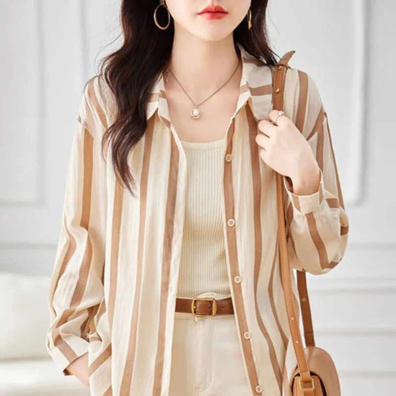 女性のためのアプリコットストライプの長袖シャツ,ファッショナ - Women'S Formal Evening Wear Tops のレビューと価格