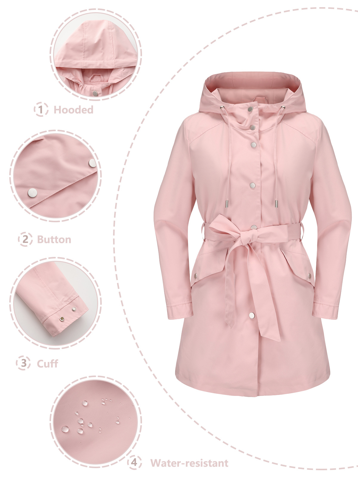 女性用ベルト付きフード付き撥水ジャケット,上質なトレンチコー - Trench Coat Formal のレビューと価格